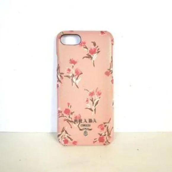 Prada iPhone Phone Case Hard Cover Leather Pink Floral Logo